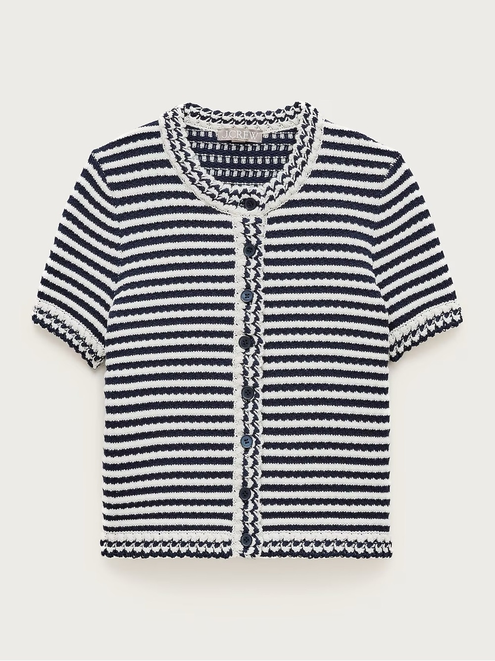 J. Crew Crochet Short-Sleeve Cardigan Sweater Striped 100% Cotton Blue White 2X